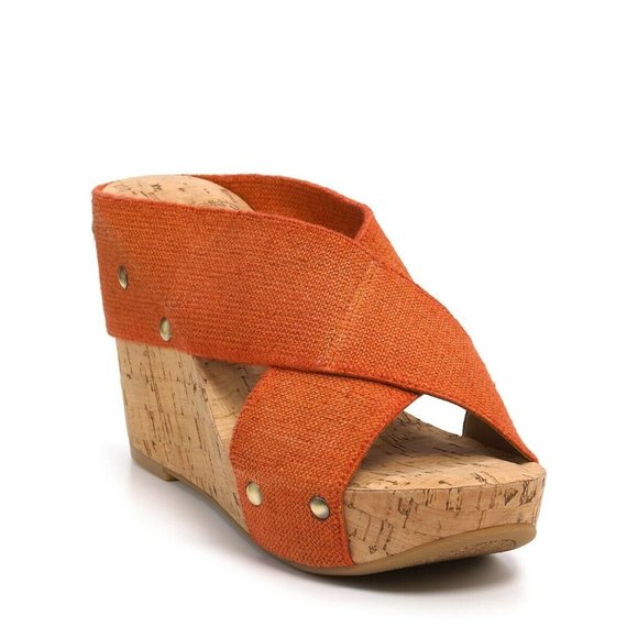 Shoes - Women's Lucky Brand Cork Wedges Criss Cross Orange